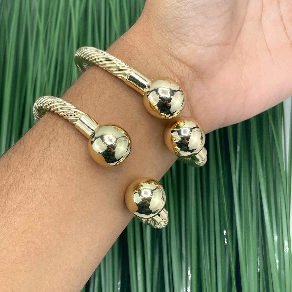 18k Gold Filled Twisted Bangle Featuring Two Solid Balls On Top, Cuff Bracelets, C-Shaped, Two Different Styles, Wholesale Jewelry Supplies