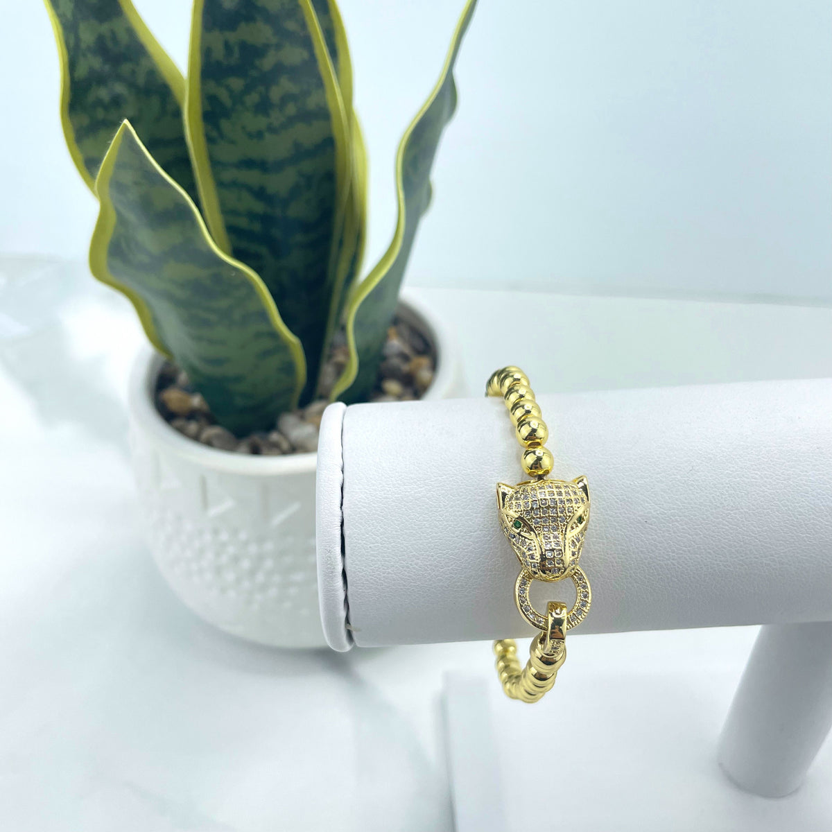 18k Gold Filled Clear Cubic Zirconia Puffed Panther Tiger Head & CZ Green Eyes Beaded Bracelet, Wholesale Jewelry Making Supplies