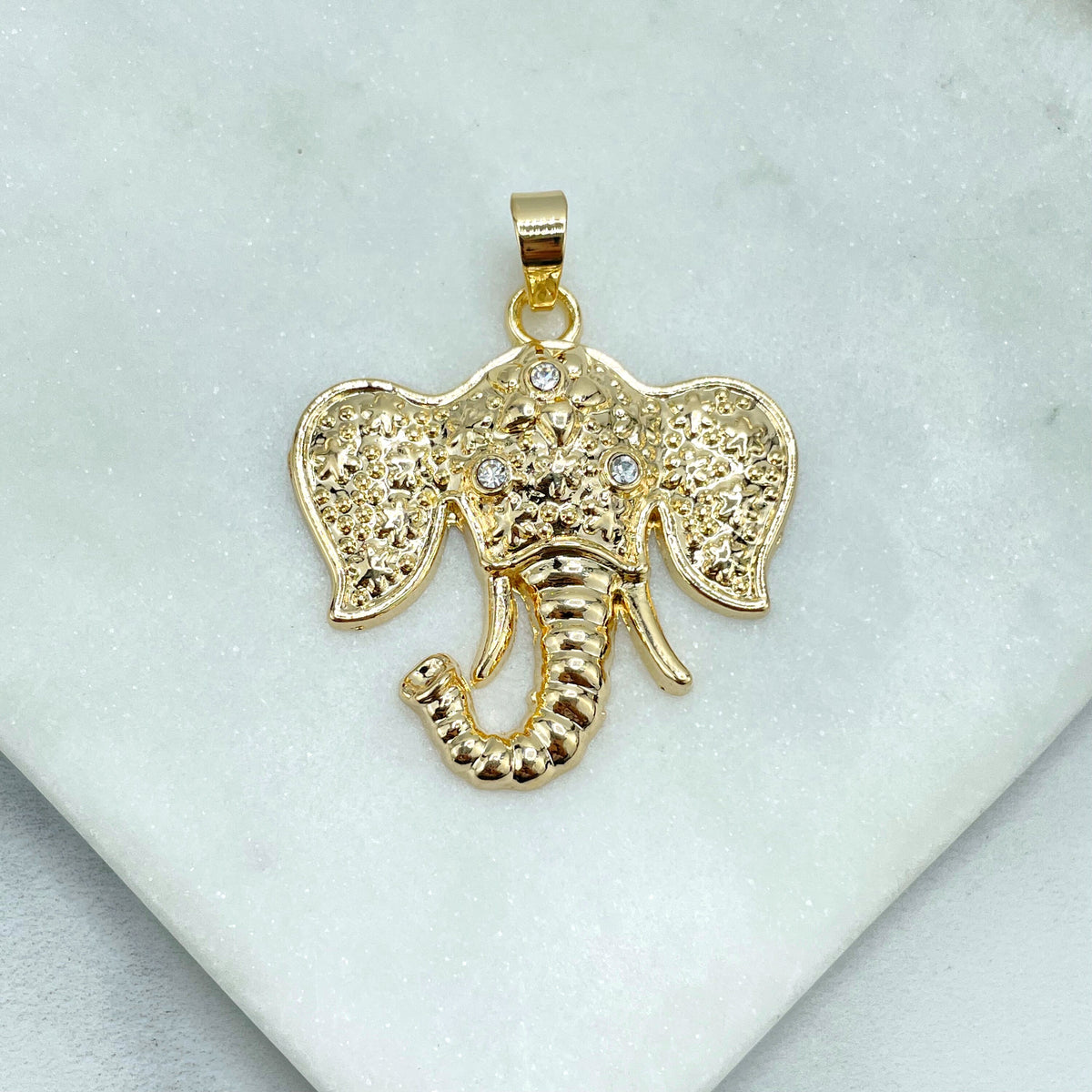 18k Gold Filled Texturized Elephant Shape Design with CZ Eyes and Third Eye Pendant Charms, Luck & Protection, Wholesale Jewelry Supplies