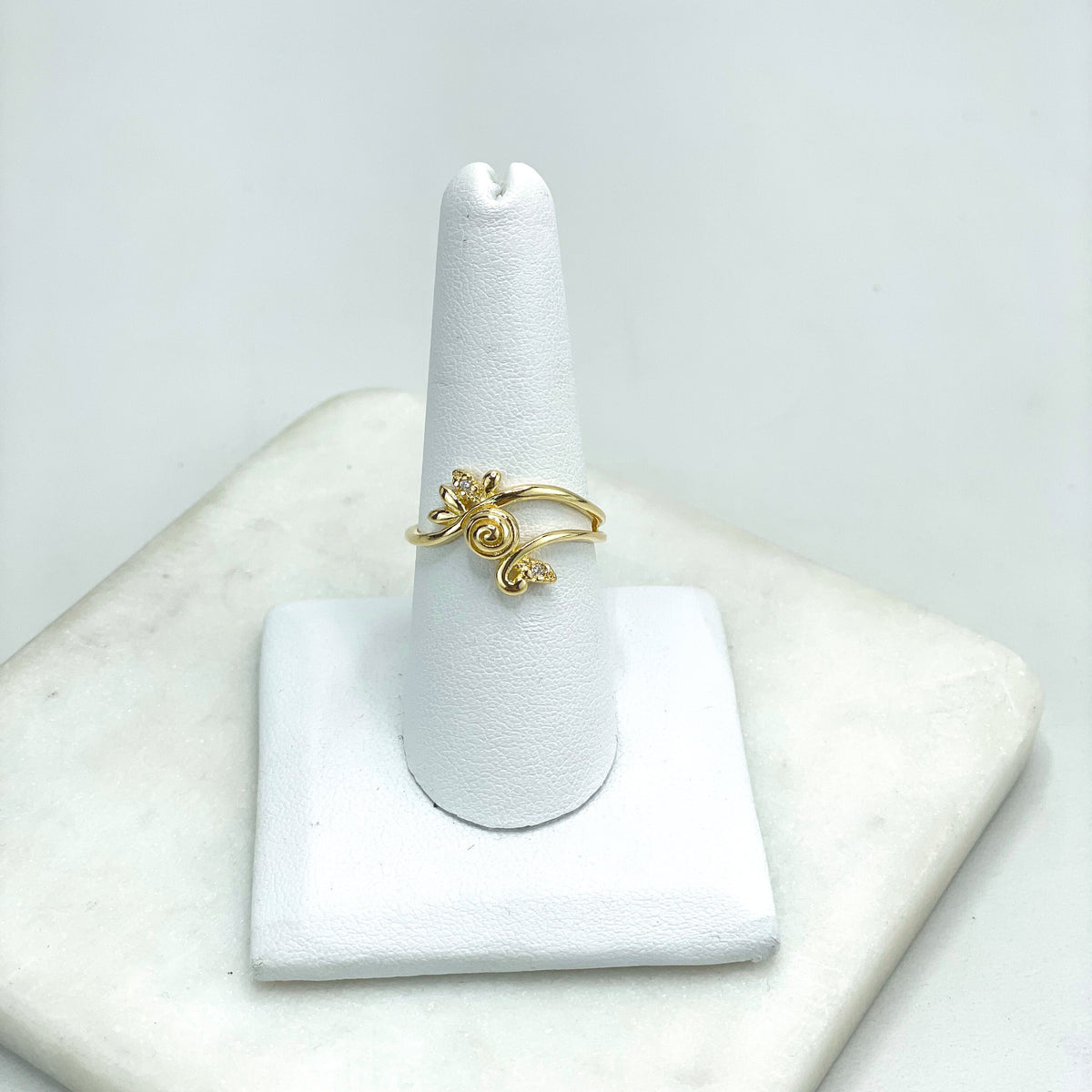 18k Gold Filled Clear Cubic Zirconia Elegant Rose with Leaves Shape Design Ring, Fashion Romantic Vintage, Wholesale Jewelry Making Supplies