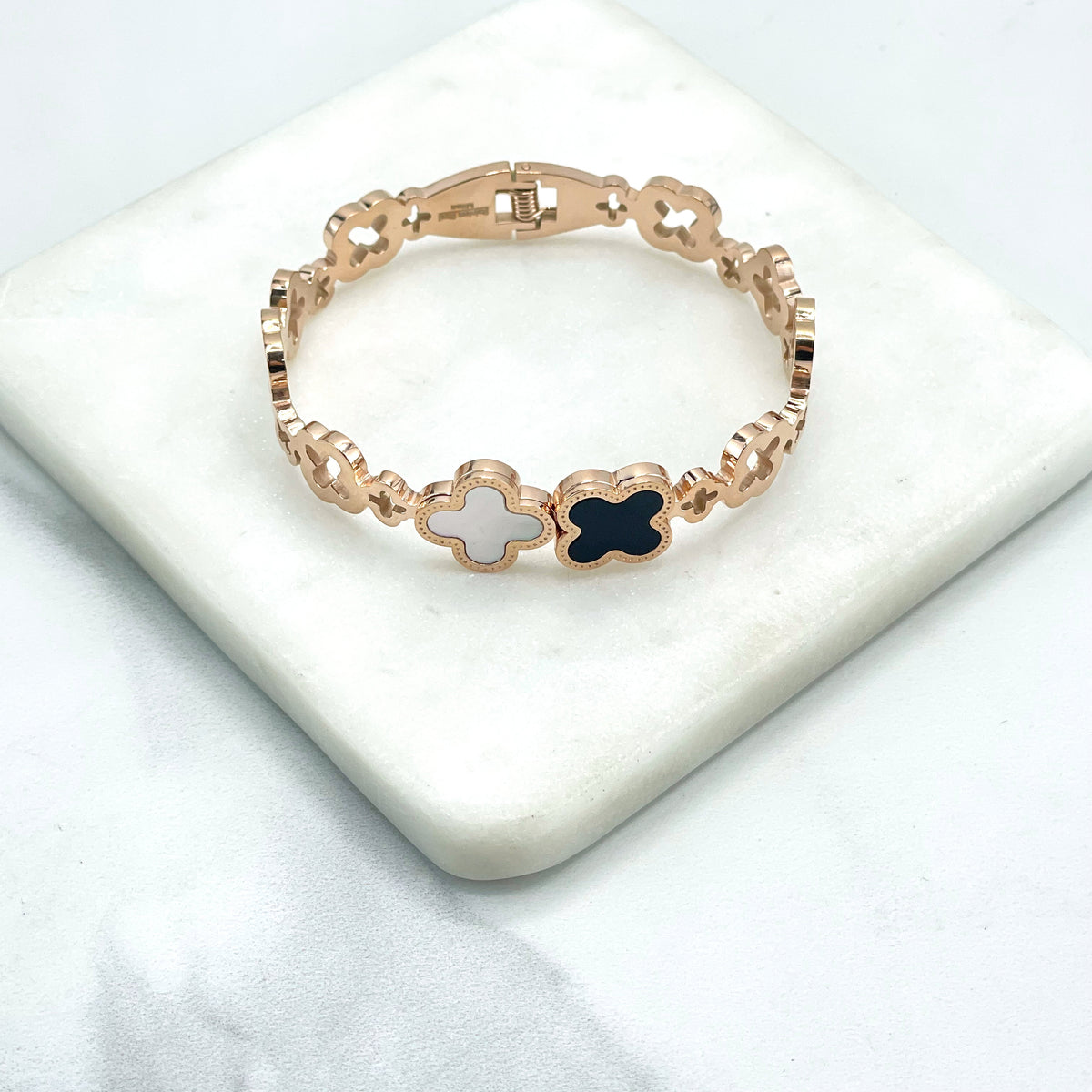 18k Gold Filled, Rose Gold or Silver Filled Clear CZ, Madreperola, Enamel and Cutout CloverCharm Linked Bracelet, Wholesale Jewelry