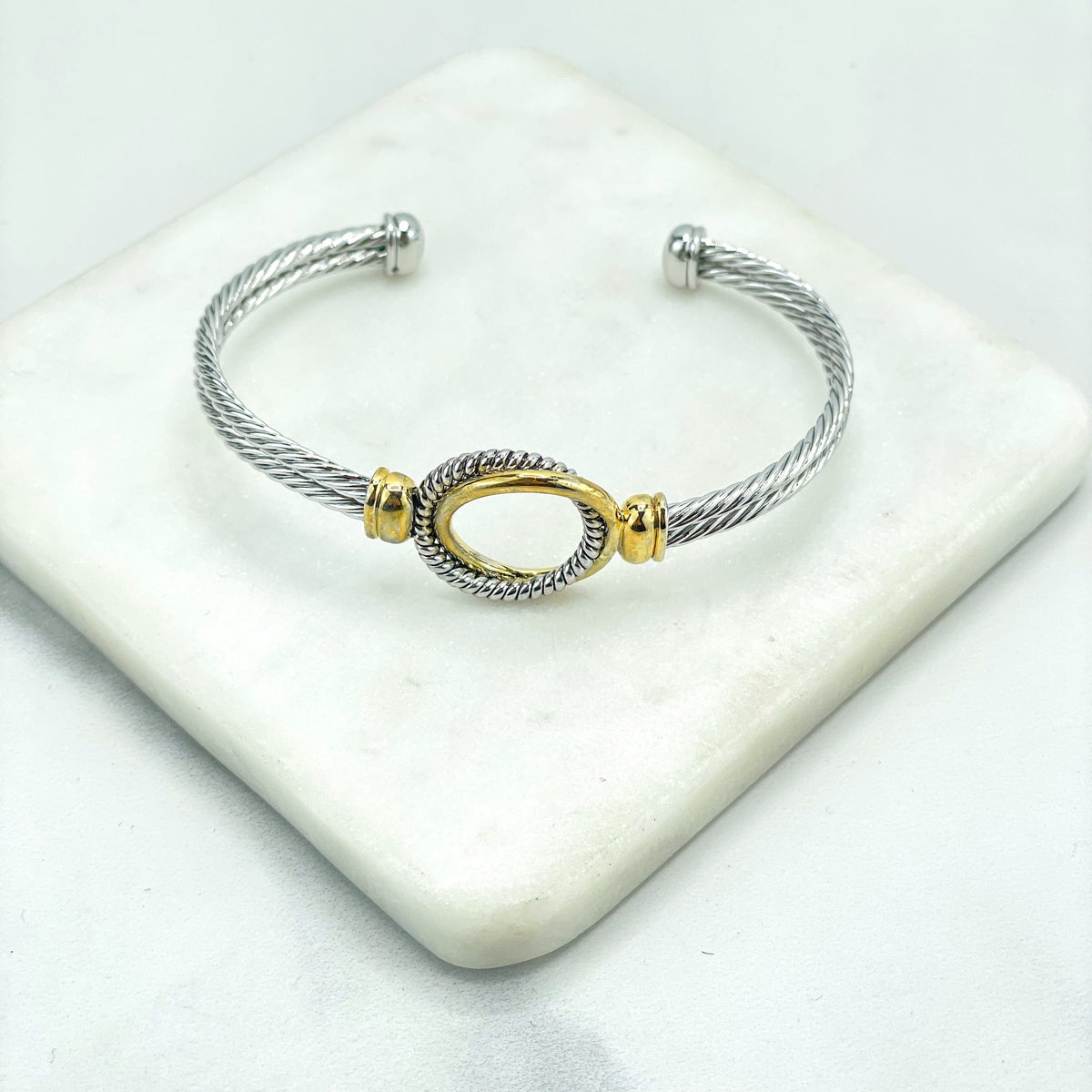 Stainless Steel Gold and Silver Plated, Circle Front Design, Cable Cuff Bracelet, Wholesale Jewelry Making Supplies