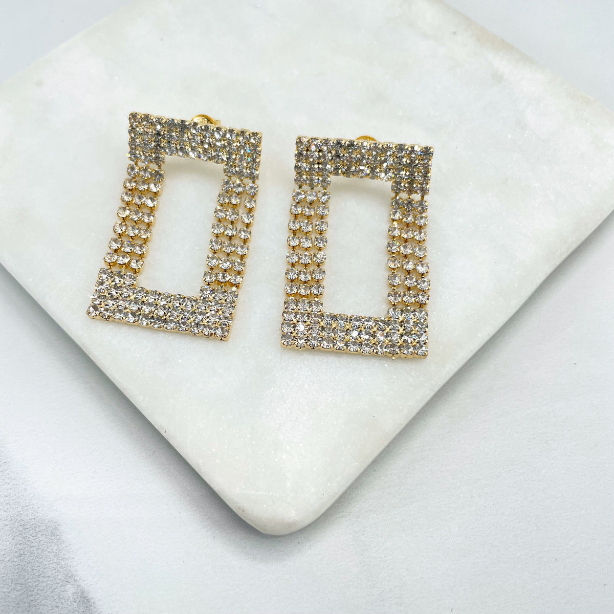 18k Gold Filled Elegant Cutout Rectangular Shape, Mesh Cubic Zirconia Dangle Earrings, Wholesale Jewelry Making Supplies