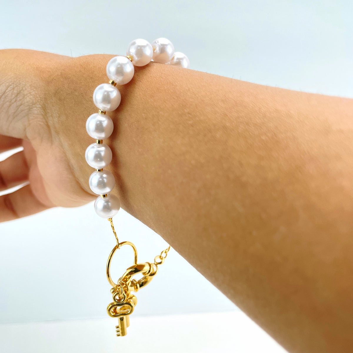 18k Gold Filled Simulated Pearl Linked Chain with Spring Ring Clasp front & Lock and Key Charms, Necklace or Bracelet, Wholesale Jewelry