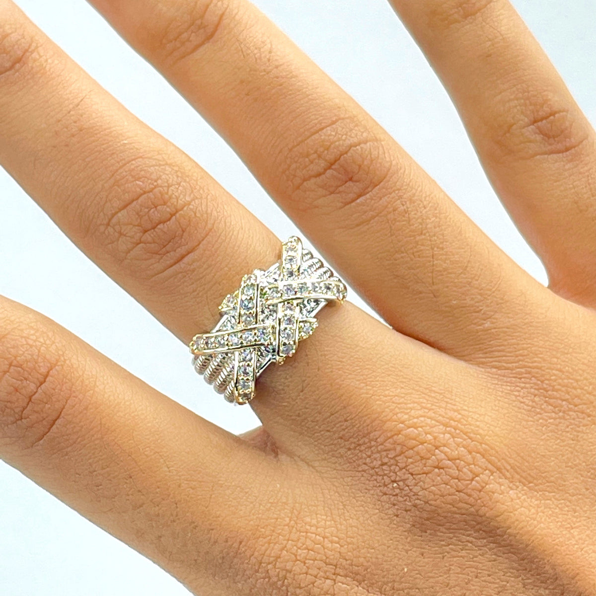 18k Gold Filled and Silver Filled, Clear Cubic Zirconia Details Crisscross Ring, Wholesale Jewelry Making Supplies
