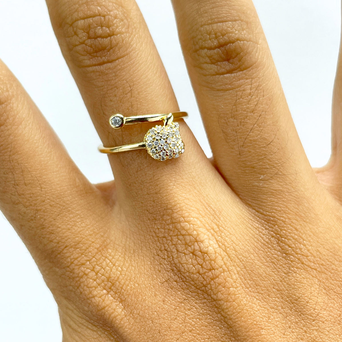 18k Gold Filled Clear Micro Cubic Zirconia Apple with a Bite Shape Design Adjustable Ring, Wholesale Jewelry Making Supplies