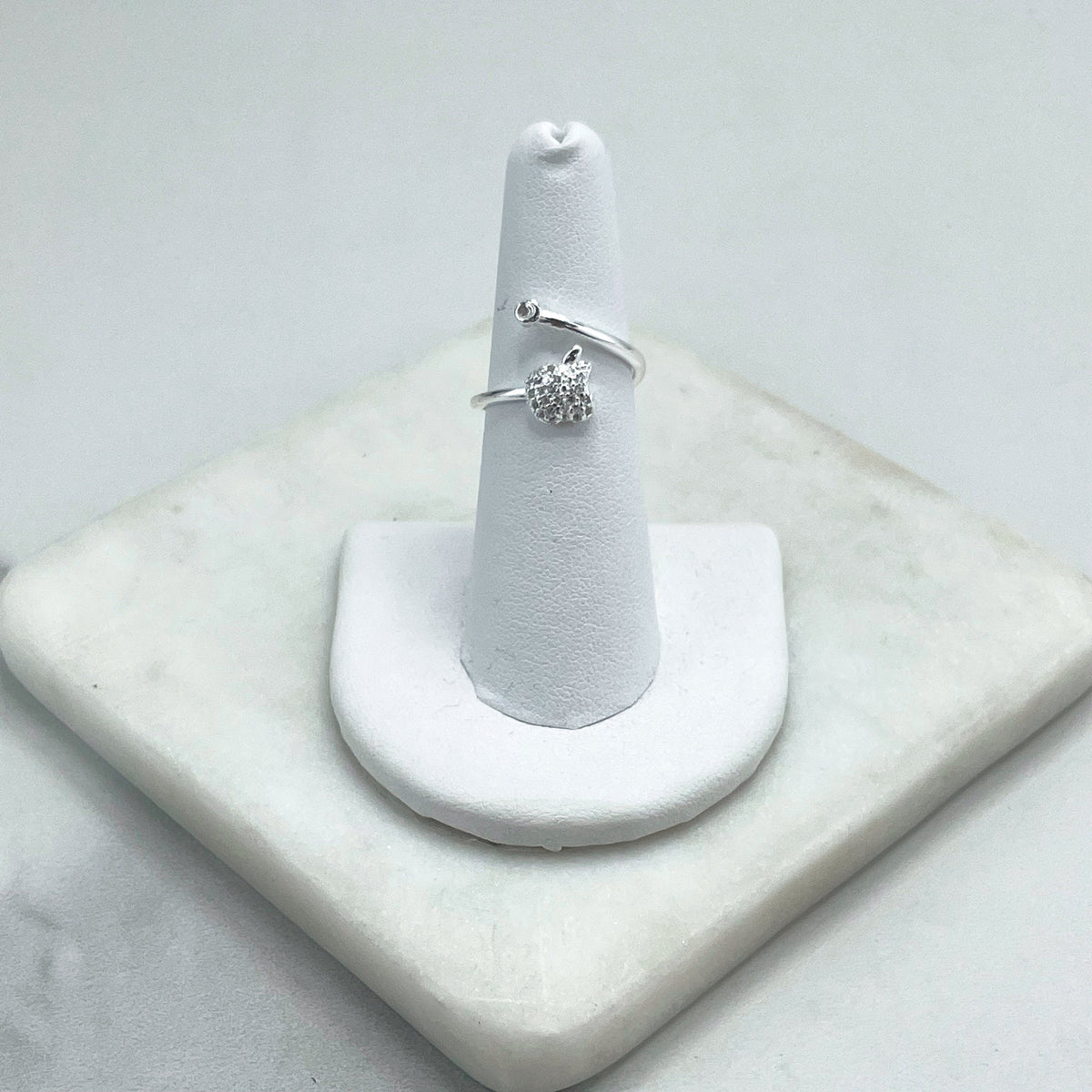 925 Sterling Silver & Clear Cubic Zirconia, Apple with a Bite Shape Design Adjustable Ring Stamped 925, Wholesale Jewelry Making Supplies