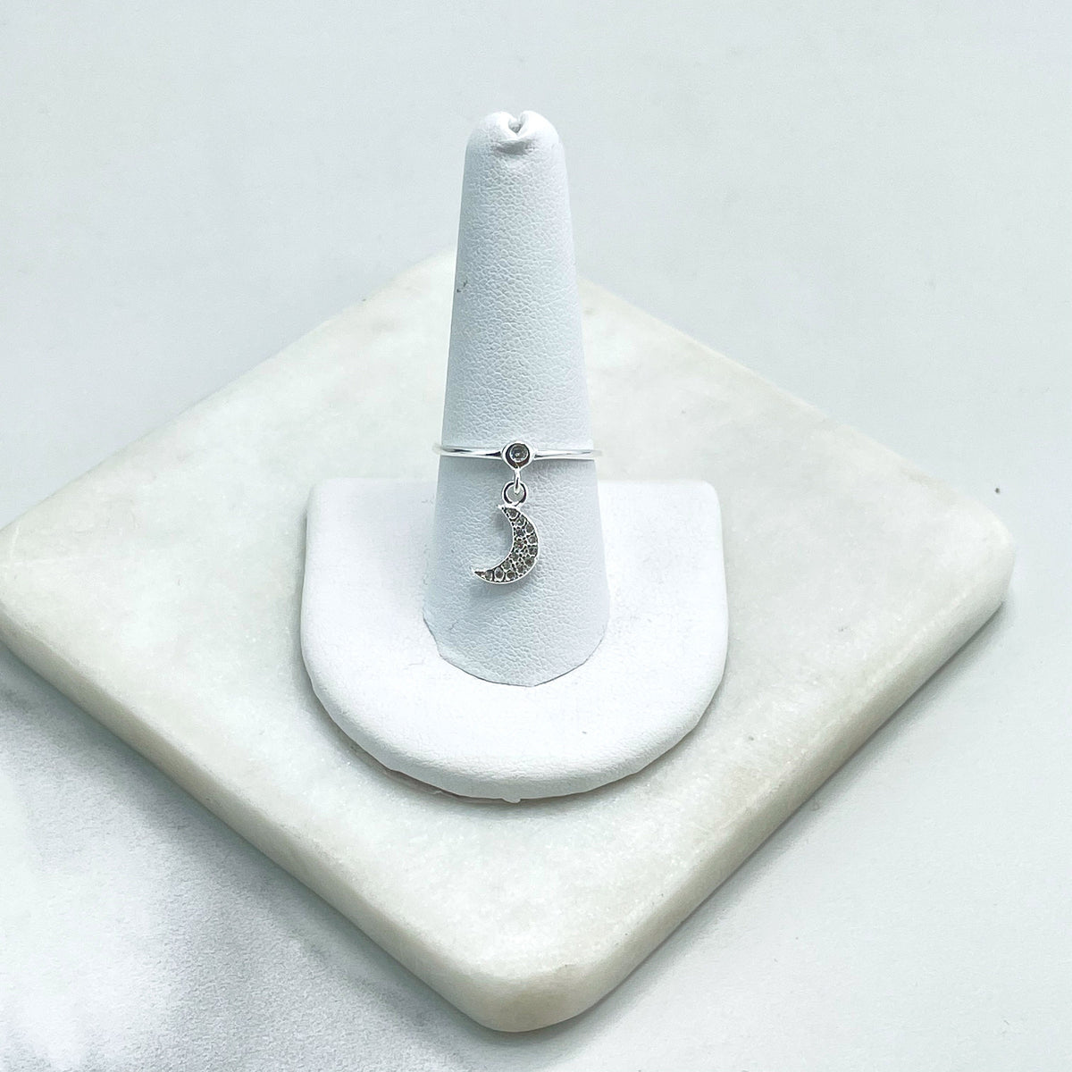 925 Sterling Silver Clear Micro Cubic Zirconia Dangle Half Moon Charm Ring Stamped 925, Wholesale Jewelry Making Supplies