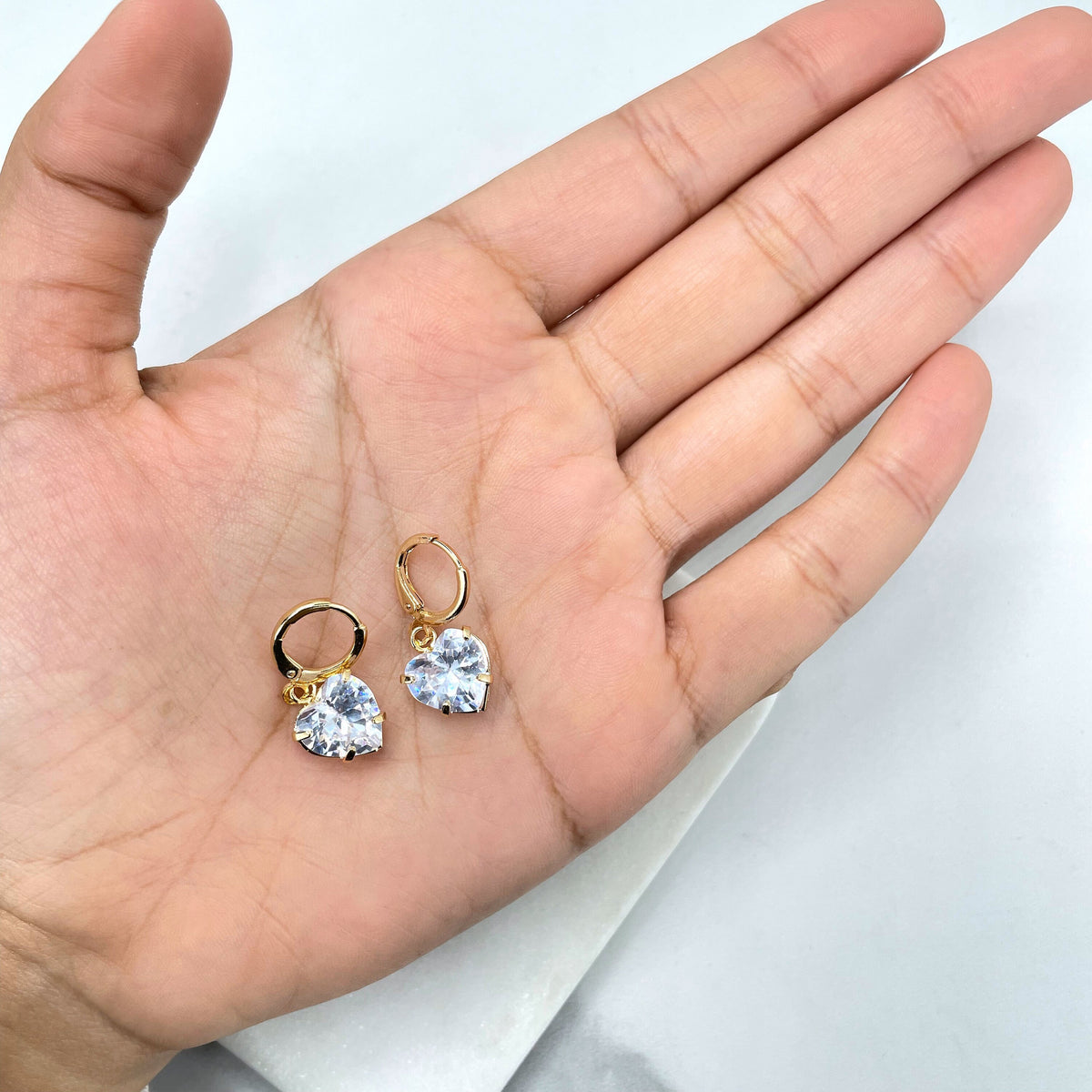 18k Gold Filled Huggie Earrings with Dangle Clear Cubic Zirconia Heart Shape Charms, Wholesale Jewelry Making Supplies