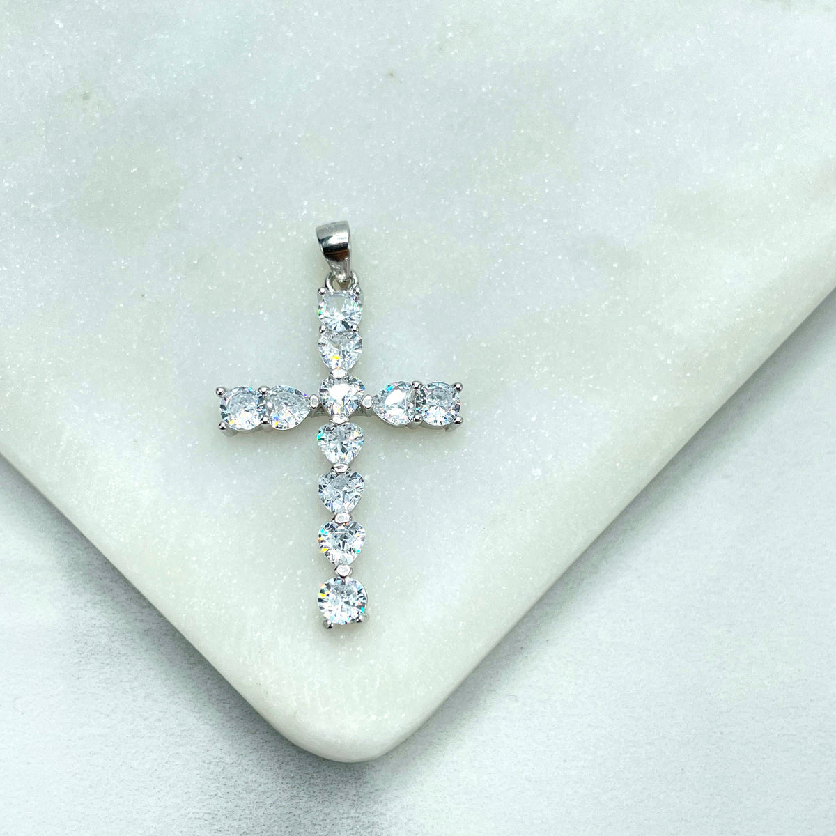 925 Sterling Silver Clear Cubic Zirconia Cross Shape Pendant Charm, Round & Heart Zirconias Shape, Wholesale Jewelry Making Supplies