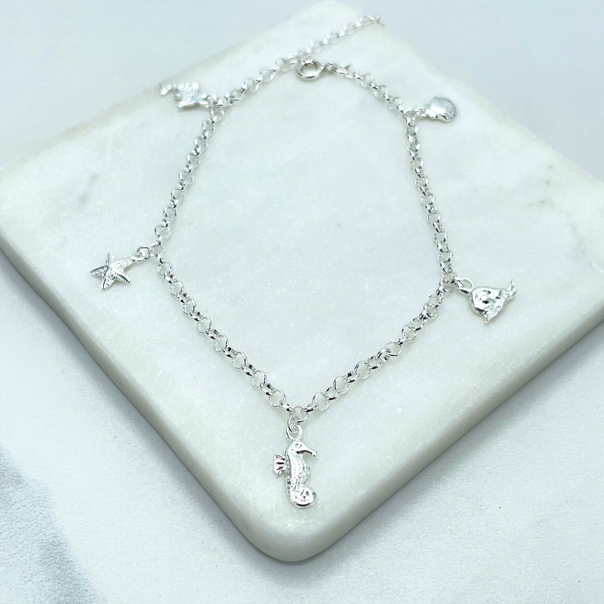 925 Sterling Silver 3mm Rolo Chain, Dangle Starfish, Dolphin, Shell, Seahorse, Snail Charms Maritime Anklet, Wholesale Jewelry Supplies