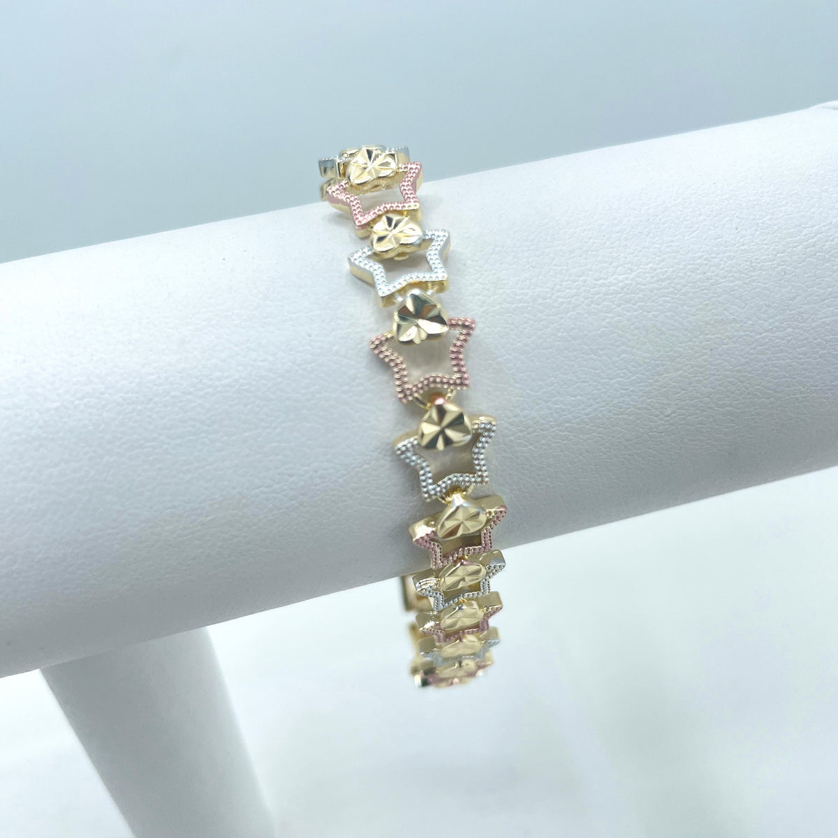 18k Gold Filled Three Tone (Gold, Silver Rose Gold) Stars Linked Chain Bracelet, Wholesale Jewelry Making Supplies