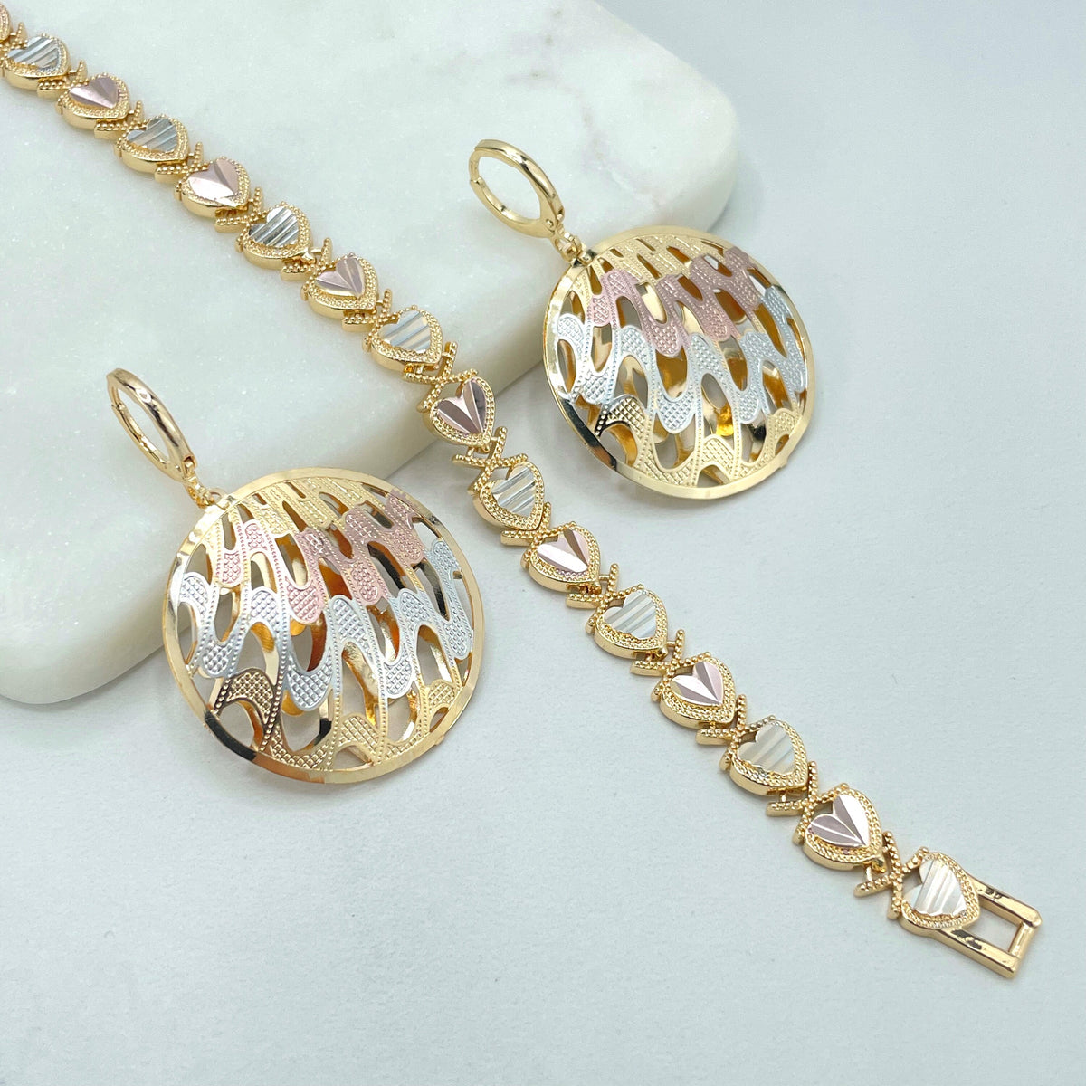 18k Gold Filled Three Tone (Gold, Silver Rose Gold) Cutout Waves Circle Shape Earrings, Wholesale Jewelry Making Supplies