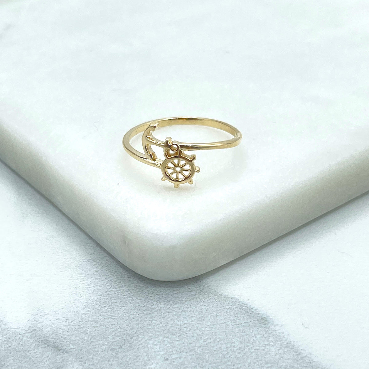 18K Gold Filled 1mm Band Sea Anchor & Wheel Boat Ring, Nautical Ring, Wholesale Jewelry Making Supplies