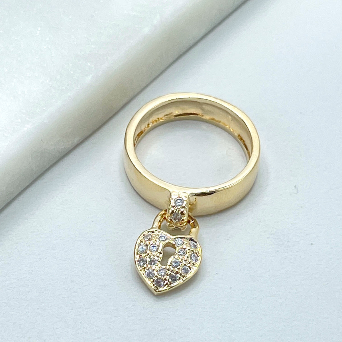 18k Gold Filled Clear Cubic Zirconia Dangle Heart Shape Lock Charm Ring, Wholesale Jewelry Making Supplies