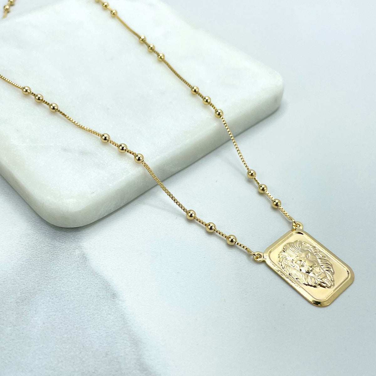 18k Gold Filled 1mm Box Chain with Gold Beads and Rectangular Medal & Puffed Lion Head Charm Necklace, Wholesale Jewelry Making Supplies