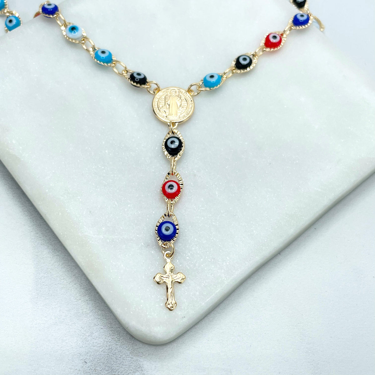 18k Gold Filled Colored Colorful Evil Eyes Linked Rosary, Saint Benedict, San Benito Charm, Religious & Protective Jewel, Wholesale Jewelry