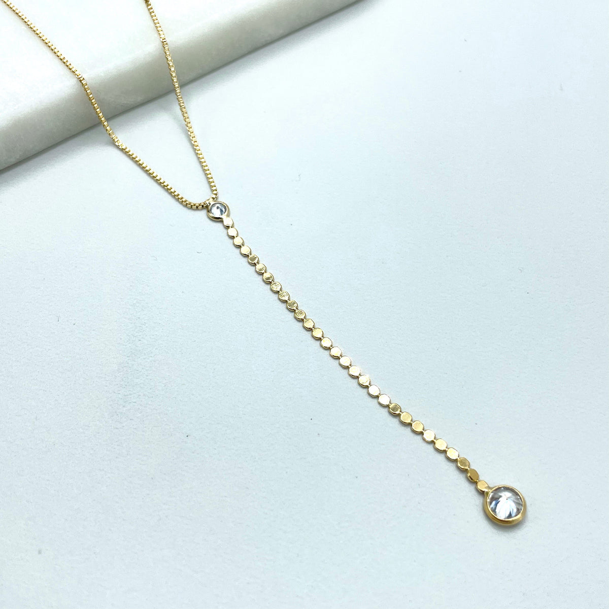 18k Gold Filled 1mm Box Chain with Clear Cubic Zirconia Detail and Long Drop Necklace, Wholesale Jewelry Making Supplies