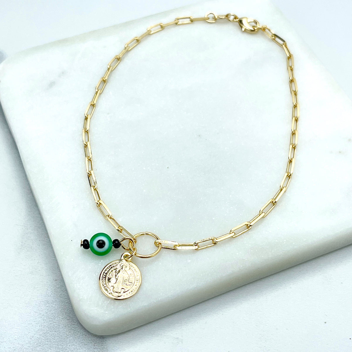 18k Gold Filled 2mm Paperclip Chain, Dangle Multicolor Evil Eye & Saint Benedict, San Benito Coin Charm Anklet, Wholesale Jewelry Supplies