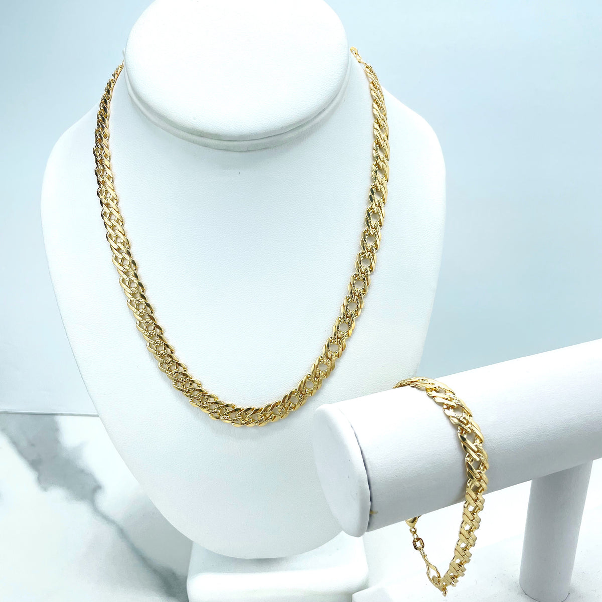 18k Gold Filled 8mm Double Layered Cuban Link Chain Flat with Diamond Cut Necklace & Bracelet, Buy as a Set, Wholesale Jewelry Supplies