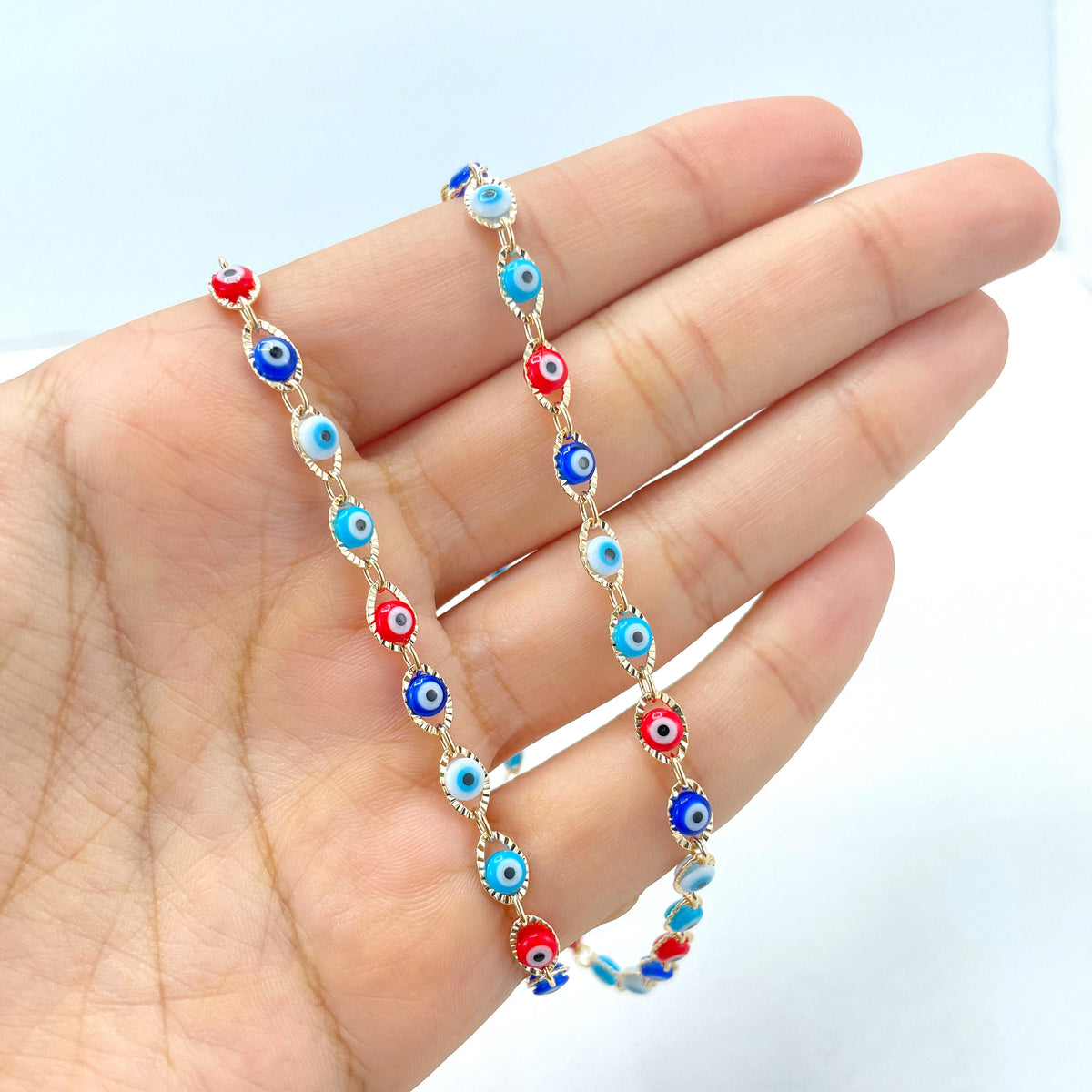 18k Gold Filled Colored, Colorful, Multicolor, Evil Eye Shape Linked Necklace, Lucky & Protection Jewel, Wholesale Jewelry Making Supplies