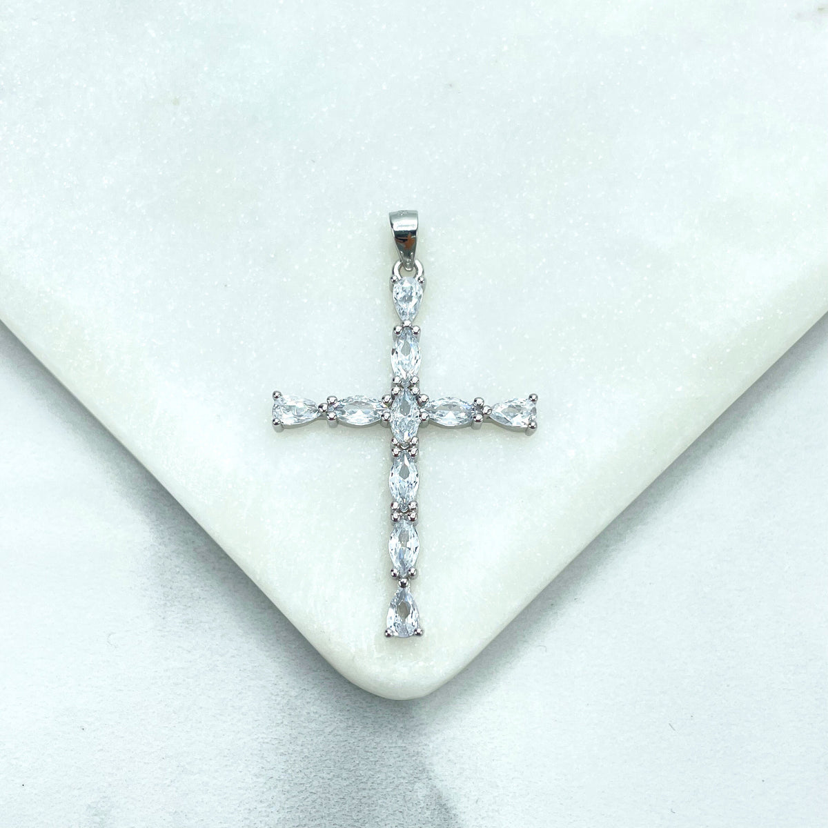 925 Sterling Silver Clear Cubic Zirconia Cross Shape Pendant Charm, Tears Zirconias Shape, Wholesale Jewelry Making Supplies