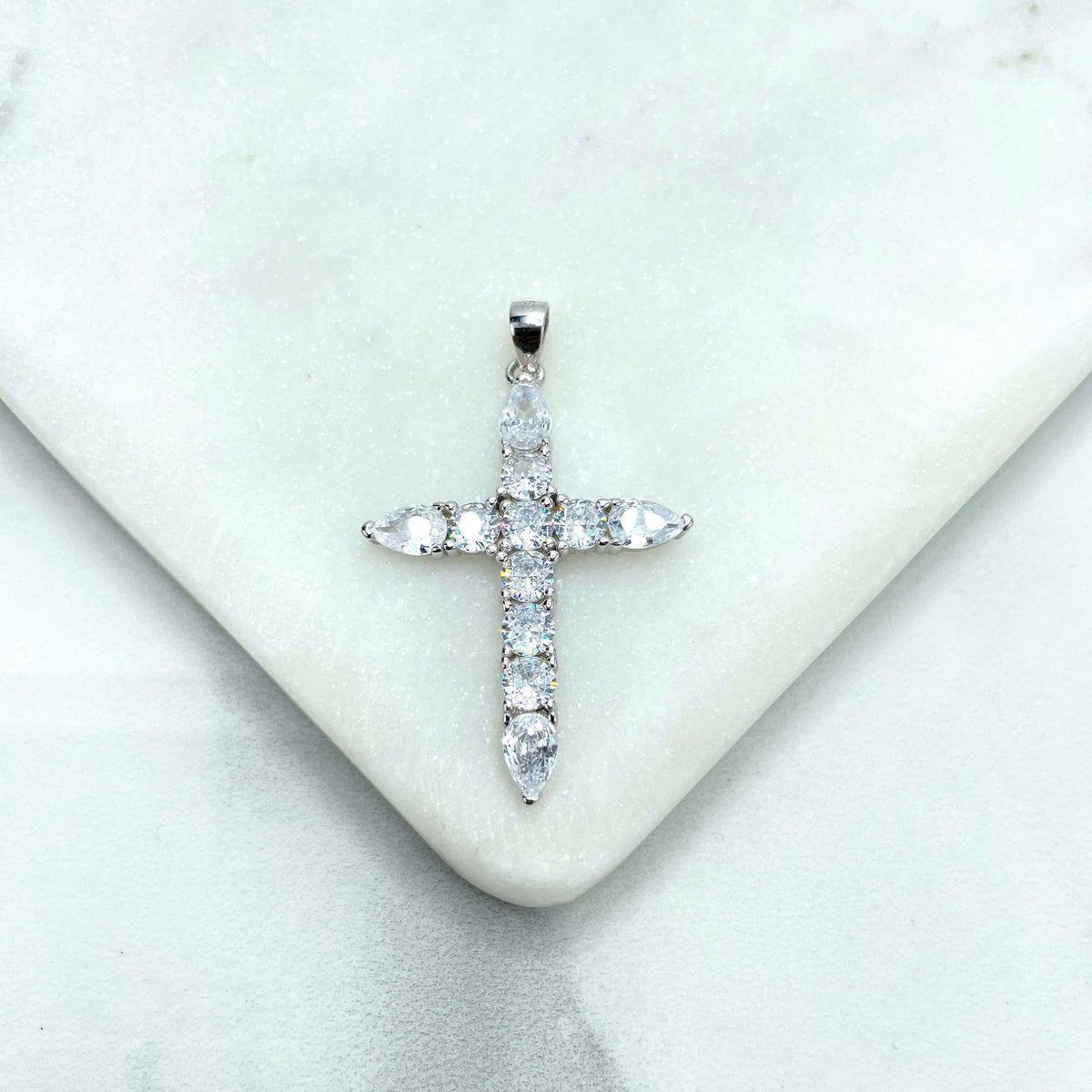 925 Sterling Silver Clear Cubic Zirconia Cross Shape Pendant Charm, Square & Tear Zirconias Shape, Wholesale Jewelry Making Supplies
