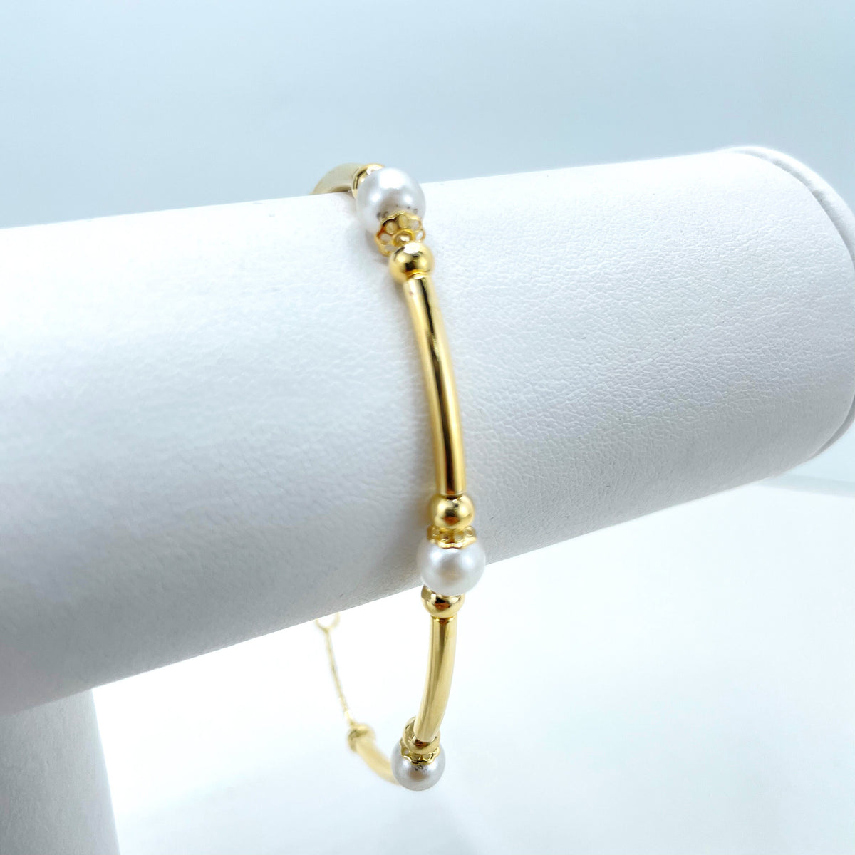 18k Gold Filled Simulated Pearls, Gold Beads & Gold Tubular Linked Bracelet, Wholesale Jewelry Making Supplies
