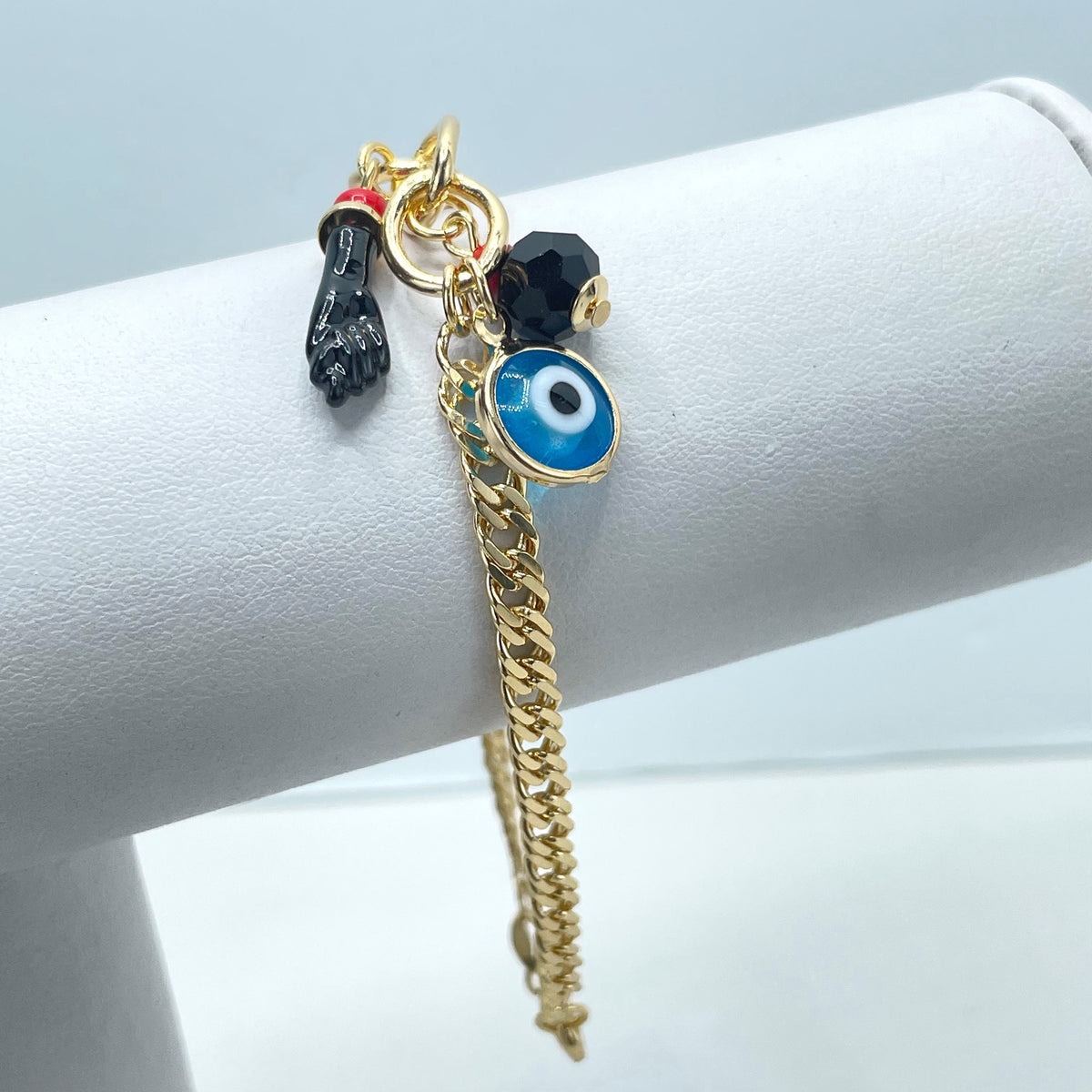 18k Gold Filled 4mm Curb Link, Black Figa Hand, Blue Evil Eye, Simulated Azabache Charms Bracelet, Wholesale Jewelry Making Supplies