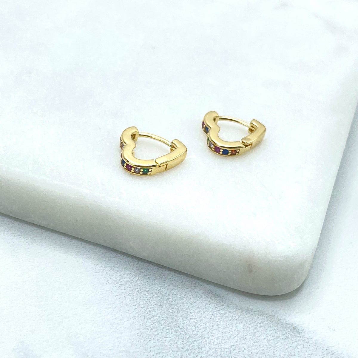 18k Gold Filled Colored Colorful Micro Cubic Zirconia Heart Huggie Shape, Romantic Earrings, Wholesale Jewelry Making Supplies