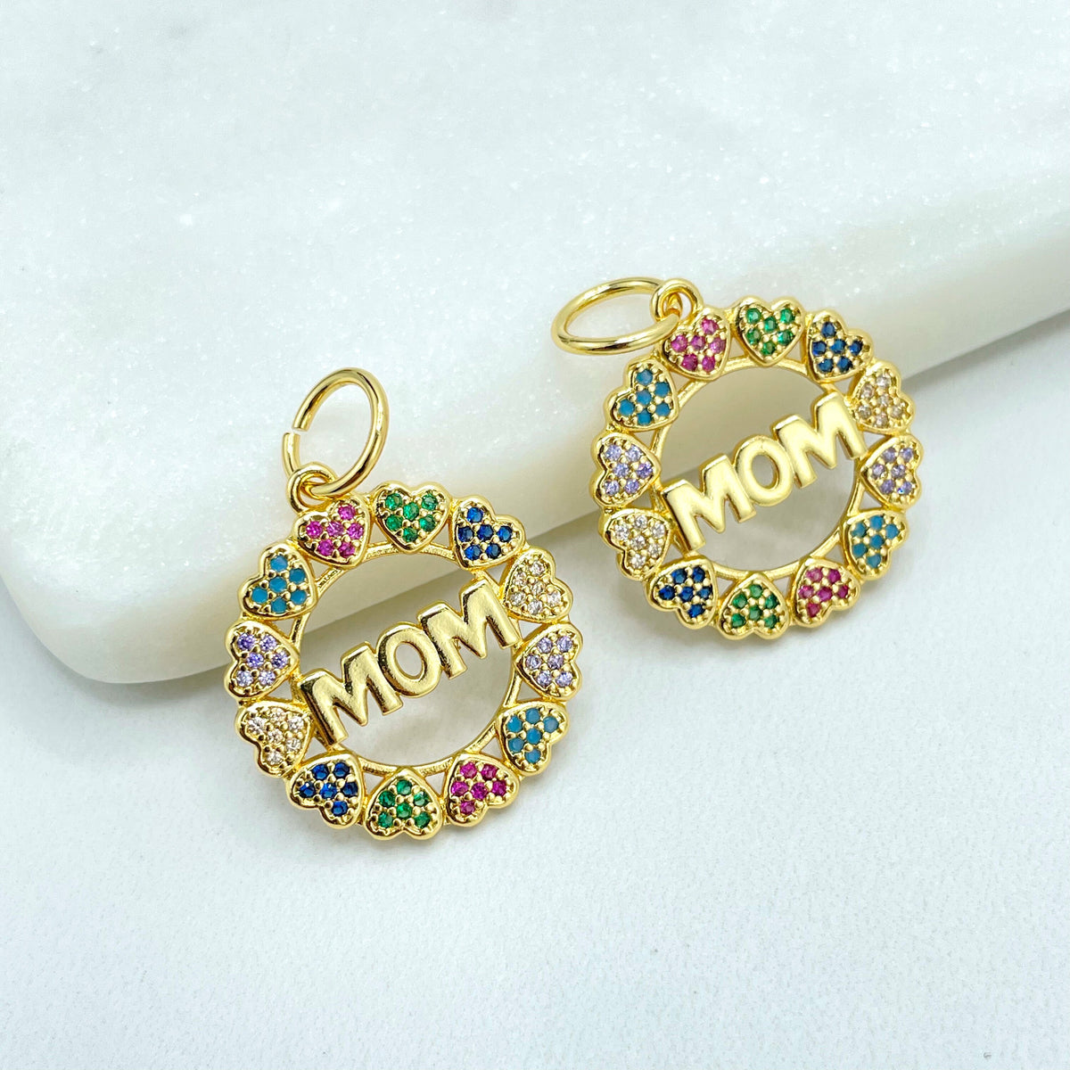 18k Gold Filled Colored Colorful Micro Pave Cubic Zirconia Hearts & Mom Circle Medal Charm Pendant, Wholesale Jewelry Making Supplies