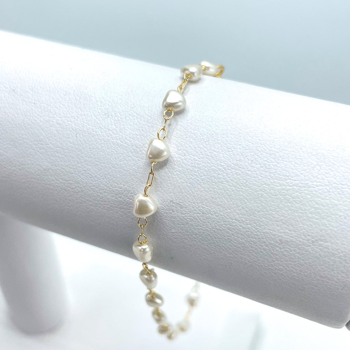18k Gold Filled 4mm Simulated Heart Shape Pearl Linked Bracelet, Wholesale Delicate Jewelry Making Supplies