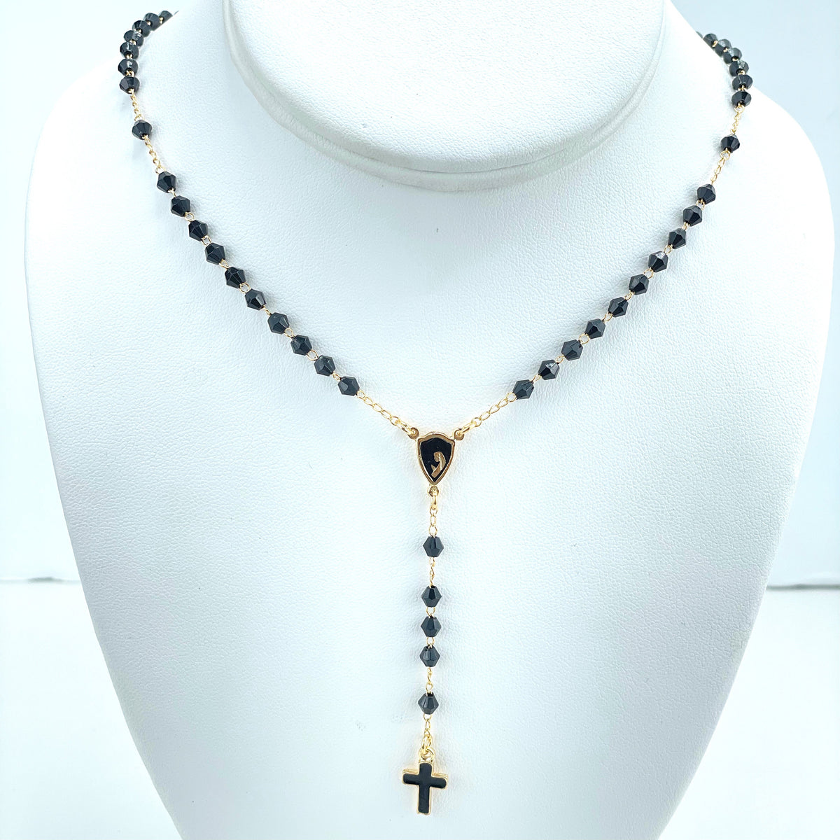 18k Gold Filled Black Beads with Virgin Mary Charm Beaded Necklace Rosary with Black Enamel Cross, Wholesale Jewelry Making Supplies
