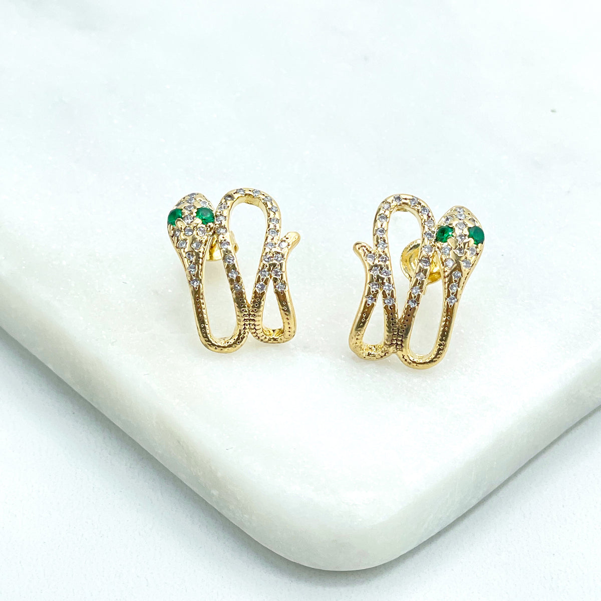 18k Gold Filled Clear and Green Micro Pave Cubic Zirconia Snake Earrings, Serpent Earrings, Wholesale Jewelry Making Supplies