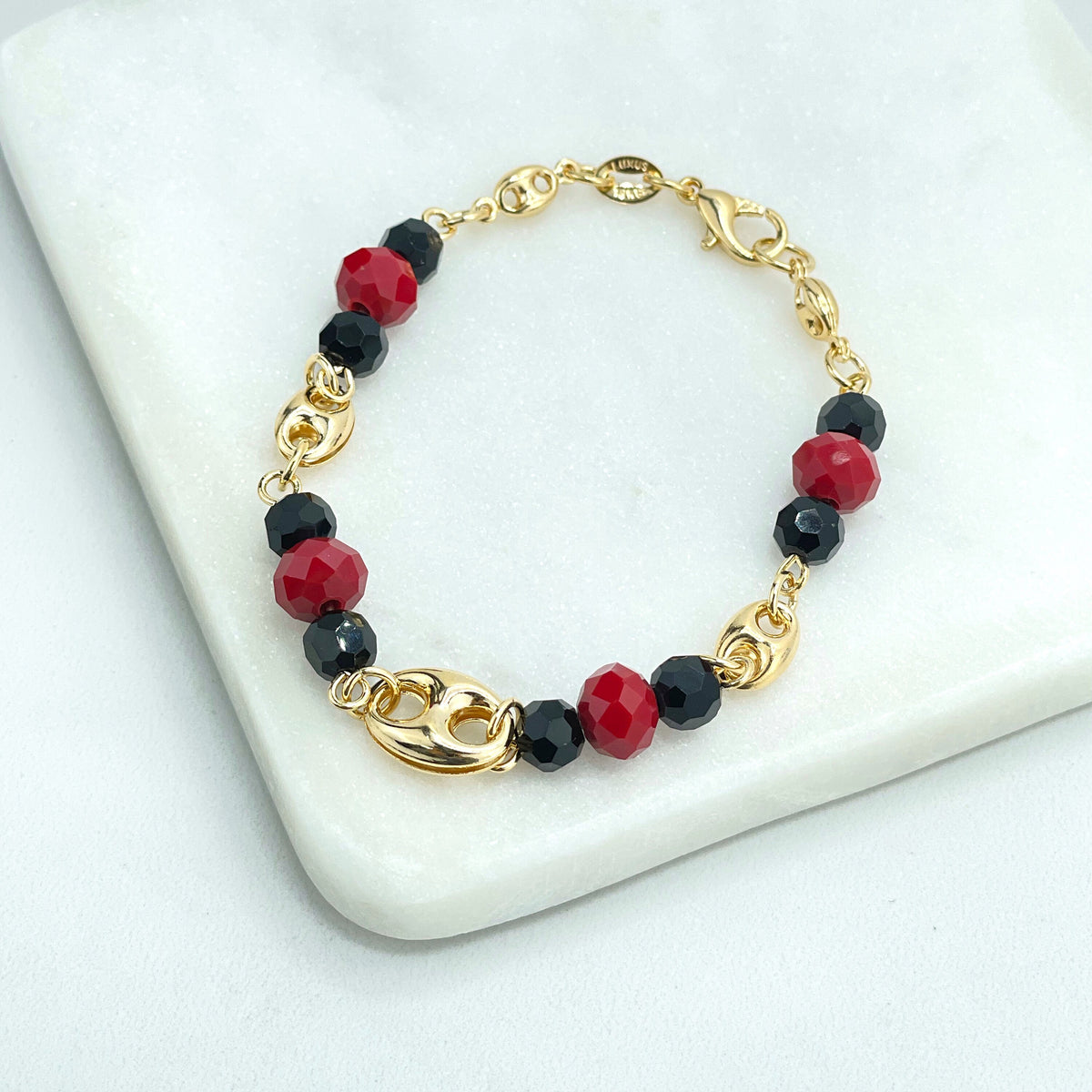 18k Gold Filled Simulated Azabache Linked with Mariner Anchor, Chunky Link Mariner Bracelet, Wholesale Jewelry Making Supplies