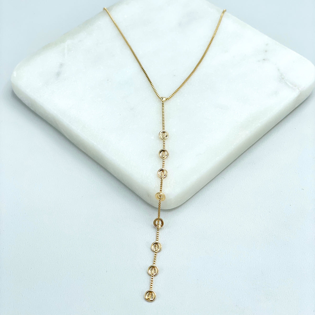 18k Gold Filled 1mm Box Chain Lariat Necklace with Drop Gold Rings, Drop Dangle Front Necklace, Wholesale Jewelry Making Supplies