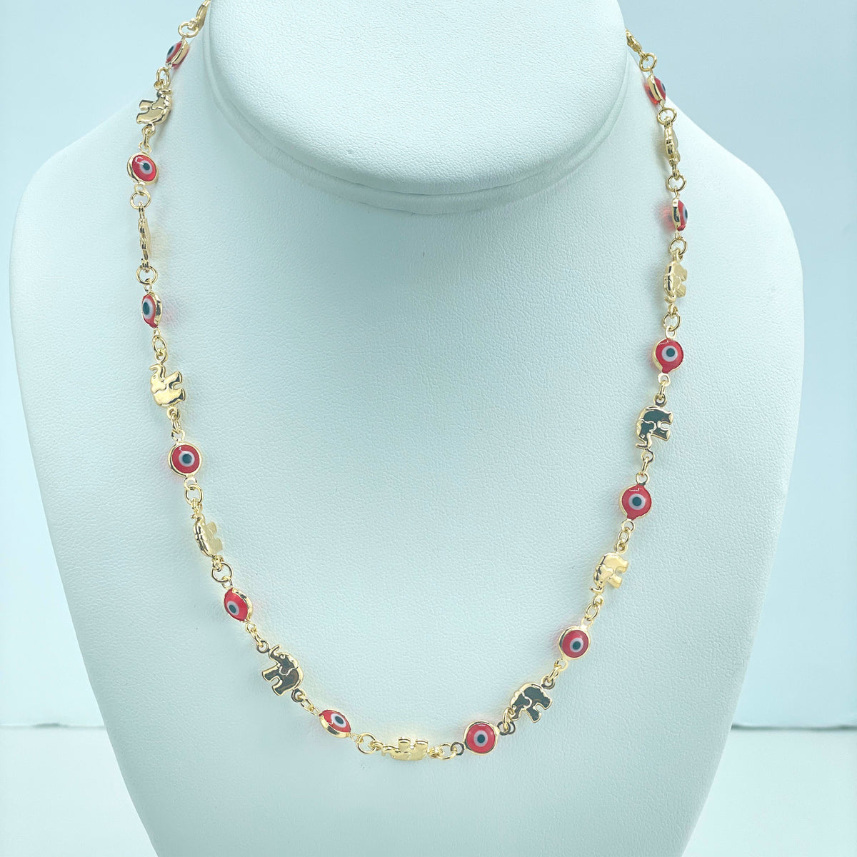 18k Gold Filled Red Evil Eyes Linked with Puffed Elephants Necklace, Good Lucky and Protection Necklace, Wholesale Jewelry Making Supplies