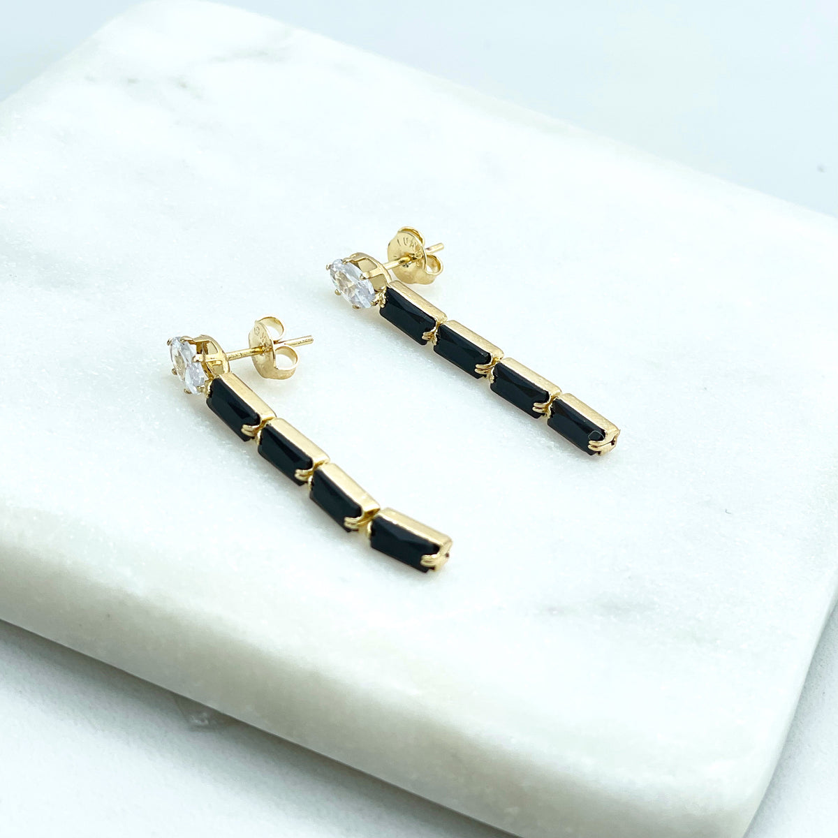 18k Gold Filled Rectangular Clear or Black Cubic Zirconia Drop & Dangle Push Back Earrings, Wholesale Jewelry Making Supplies