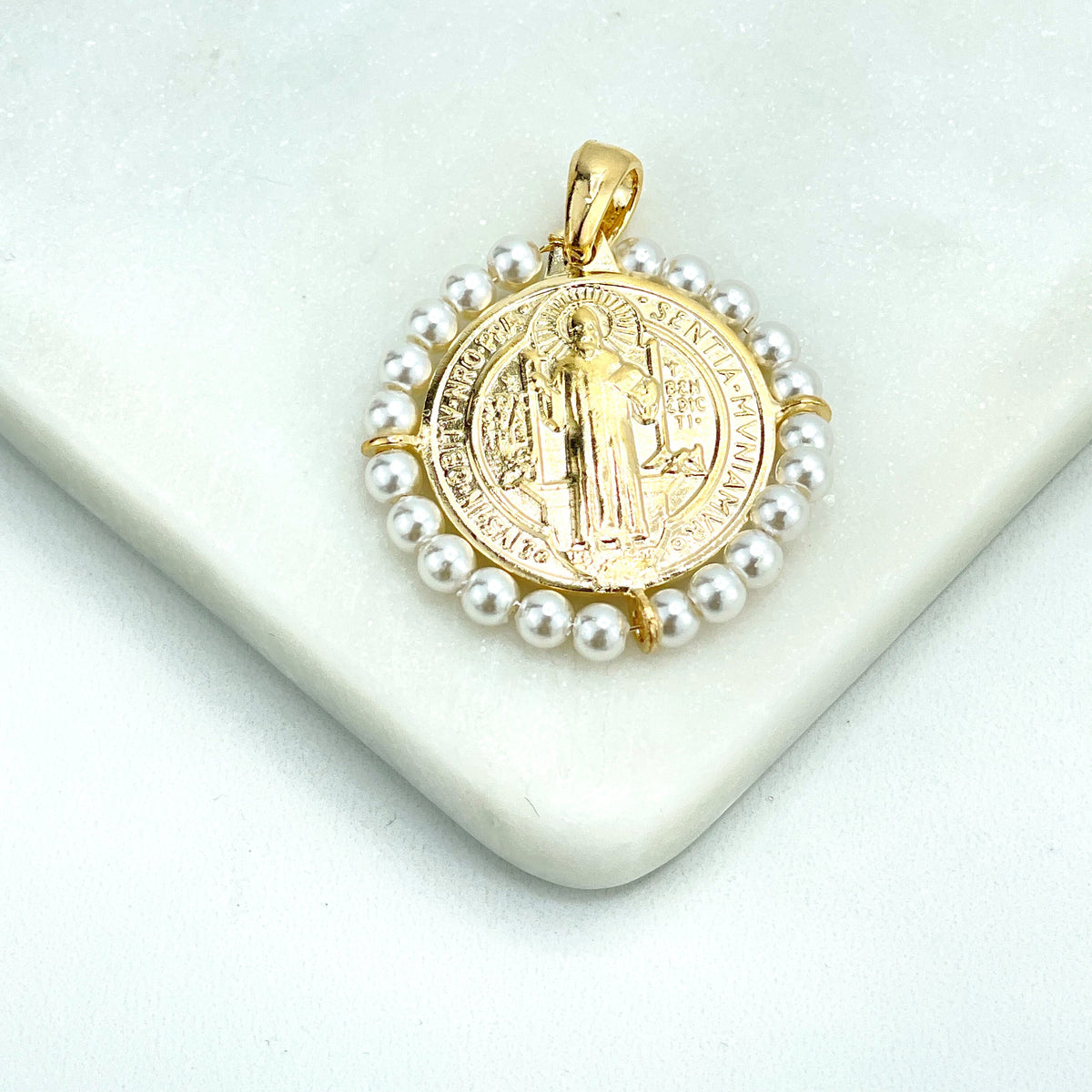 18k Gold Filled San Benito 2 Sided Pendant Charms, Reversible St. Benedictus Coin, Medal, Medallion with Simulated Pearls, Wholesale Jewelry