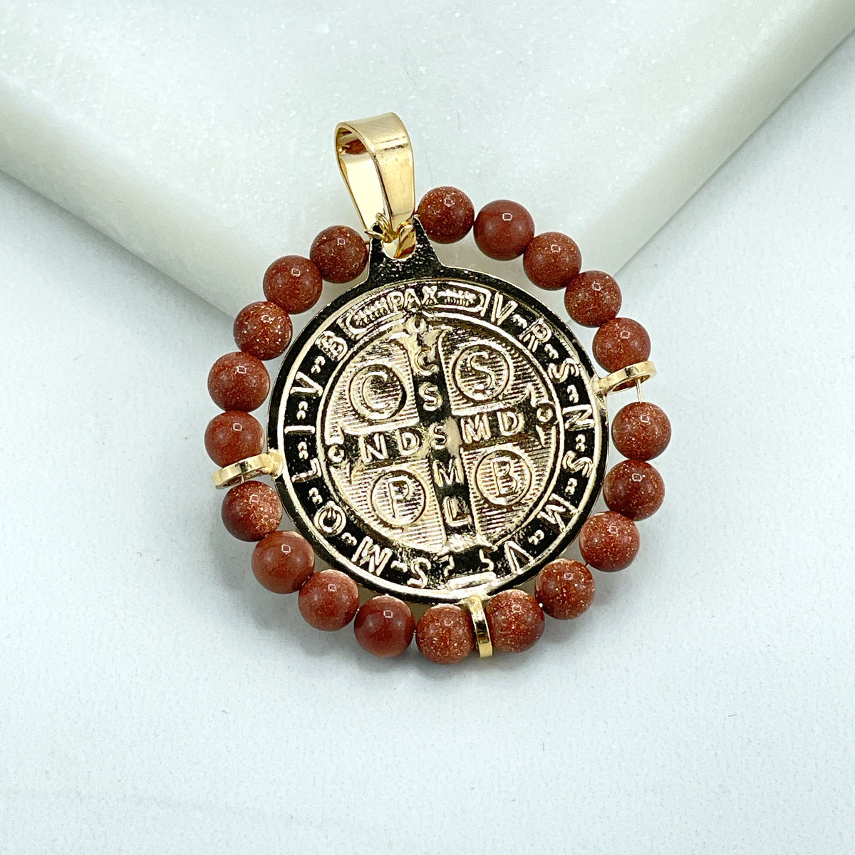 18k Gold Filled San Benito 2 Sided Pendant Charms, Reversible St. Benedictus Coin, Medal, Medallion with 5mm Venturina, Wholesale Jewelry