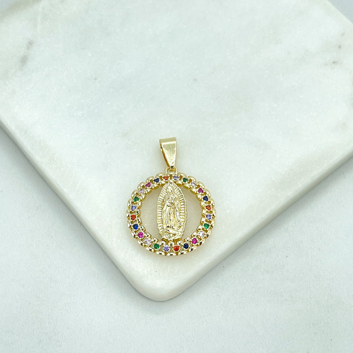 18k Gold Filled Virgen De Guadalupe, Our Lady of Guadalupe Cutout Medal Medallion & Colorful Cubic Zirconia Charm Pendant, Wholesale Jewelry