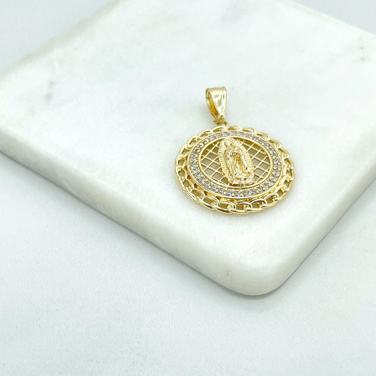 18k Gold Filled Virgen De Guadalupe, Our Lady of Guadalupe Cutout Medal Medallion & Cubic Zirconia Charm Pendant, Wholesale Jewelry Supplies