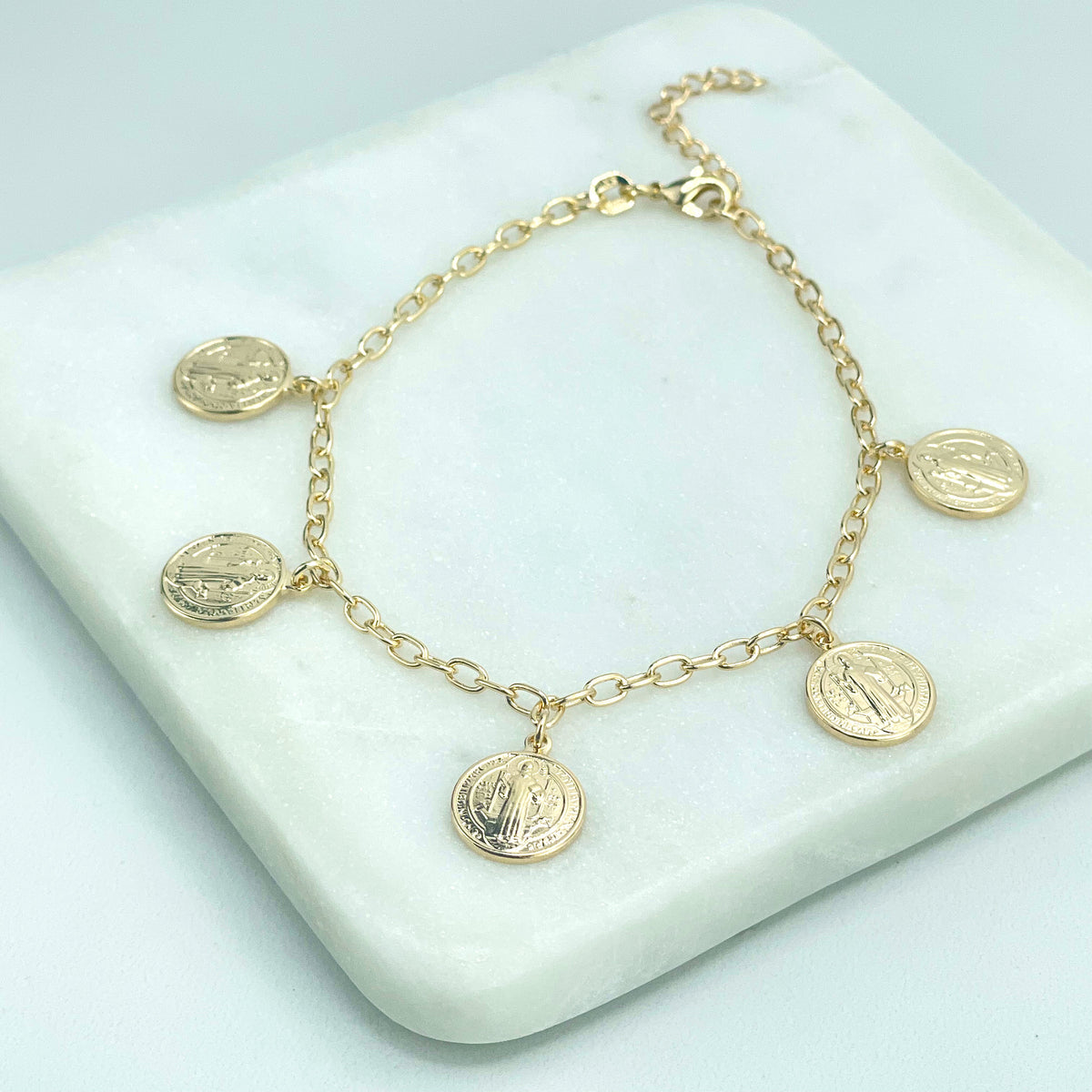 18k Gold Filled Paperclip Chain, San Benito Coin, 2 Sided Round Charms, Reversible San Benito, Catholic Jewelry, Wholesale Jewelry Supplies