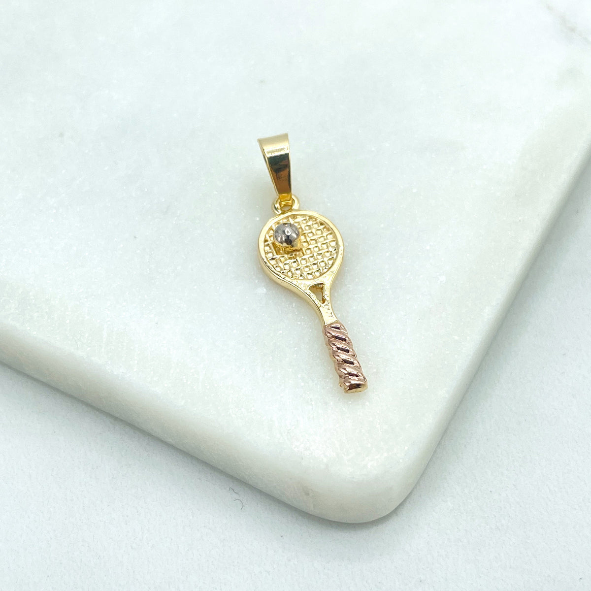18k Gold Filled Two Tone Tennis Racquet Shape with Tennis Ball Pendant, Sports & Fitness Pendant, Wholesale Jewelry Making Supplies
