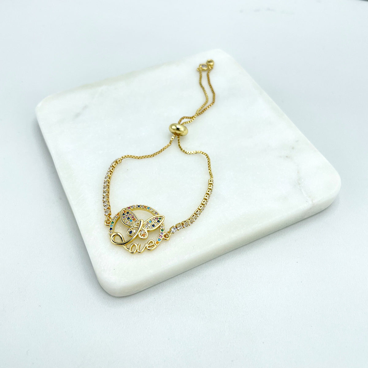 18k Gold Filled Box Chain & Sided Cubic Zirconia Adjustable Bracelet with Ornate Butterflies Charms in Different Styles, Wholesale Jewelry