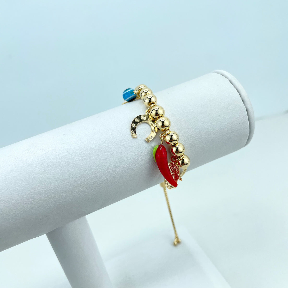 18k Gold Filled Adjustable Beaded Bracelet with Dangle Good Luck Charms, Hamsa Hand, Chilli, Horseshoe, Evil Eye & Clover, Wholesale Jewelry