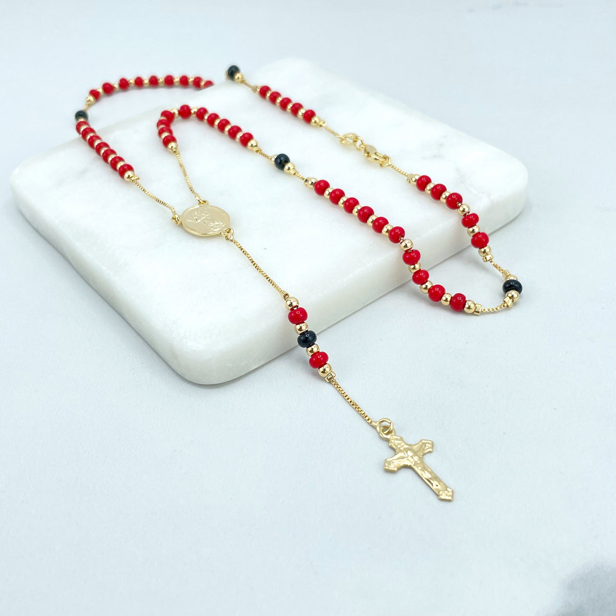 18k Gold Filled 4mm Box Chain & Simulated Azabache Red Black Beads, Divine Child, Divino Nino, Catholic Saint Rosary, Wholesale Jewelry