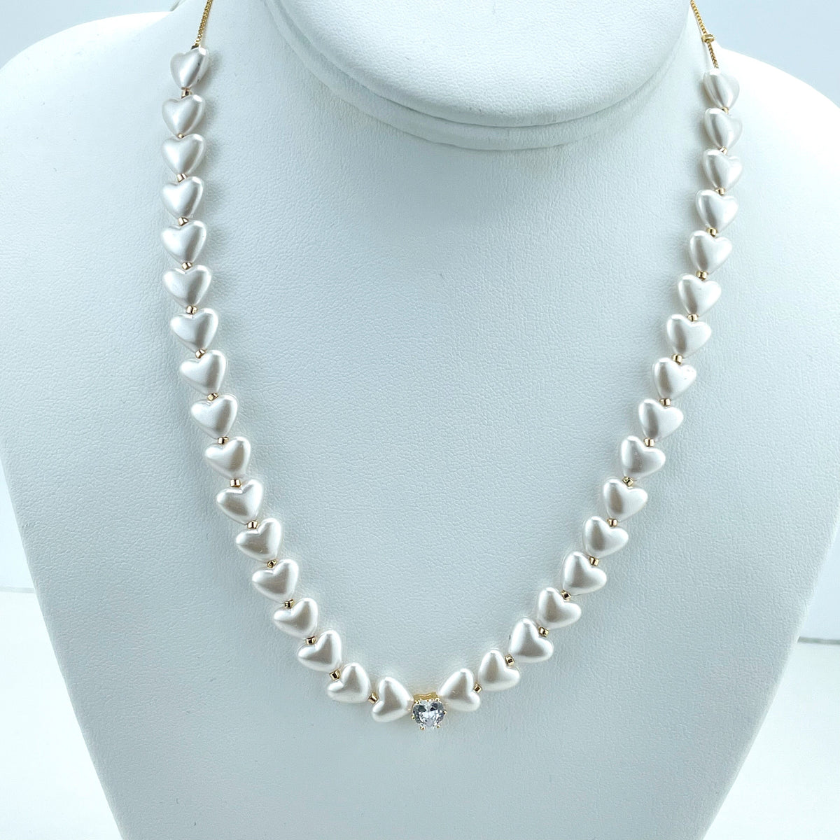 18k Gold Filled Simulated Pearls Heart Shape Linked with Back Box Chain with Solitaire Cubic Zirconia Necklace, Wholesale Jewelry Supplies
