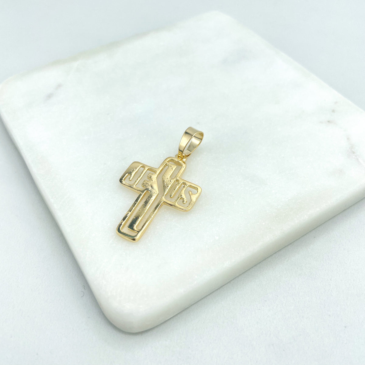 18k Gold Filled Cutout Cross with the description "JESUS" inside Religious Pendant Charm, Wholesale Jewelry Making Supplies