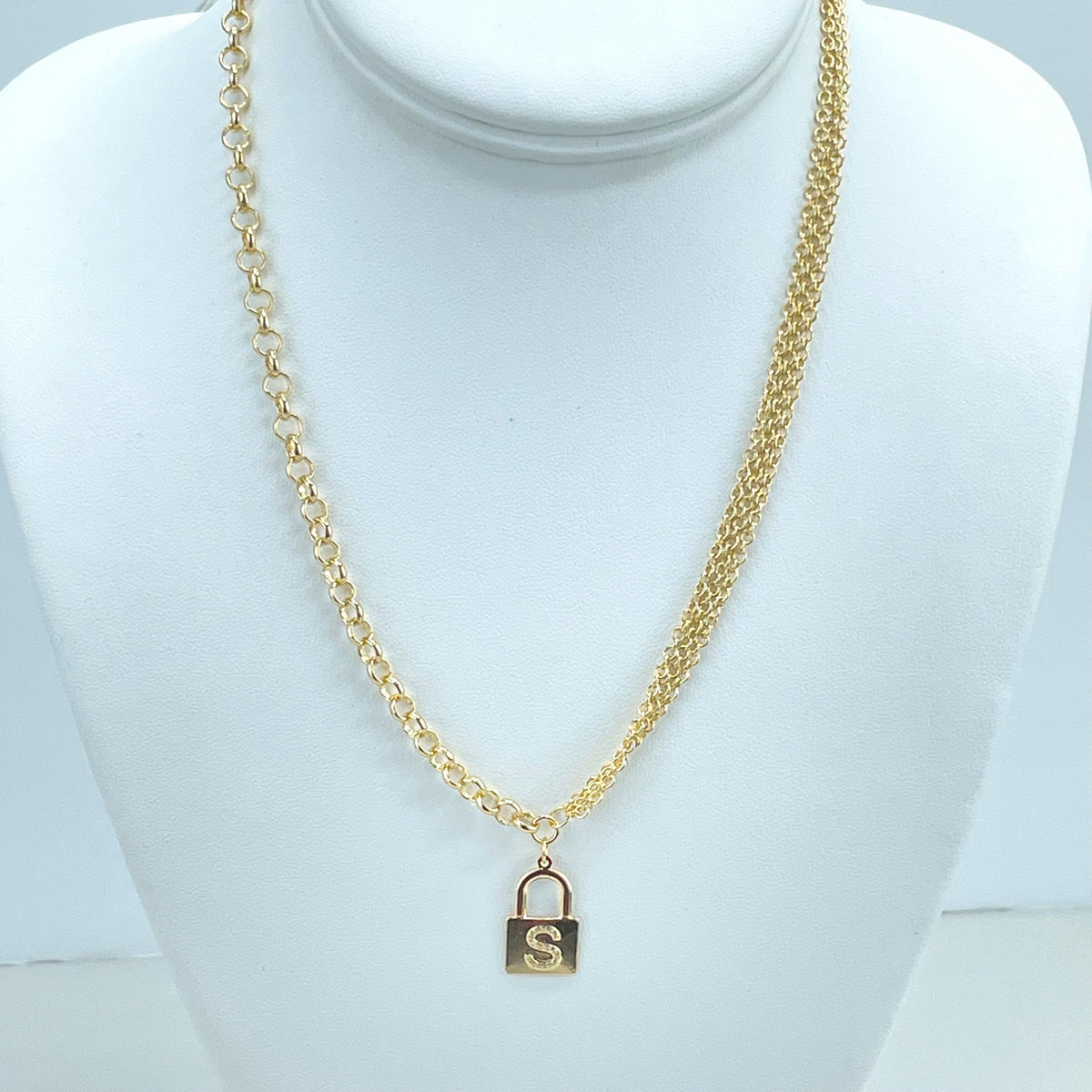 18k Gold Filled 5mm Rolo Chain & Bundle 2mm Rolo Chain with Flat Initial Padlock Charm Necklace, Wholesale Jewelry Making Supplies